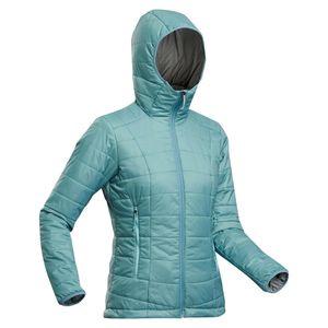 Jaqueta Feminina de Trekking Acolchoada Sintética Capuz MT100 -5°C Forclaz Verde-agua